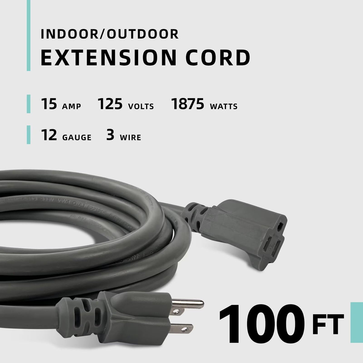 100ft Indoor Outdoor Extension Cord 12/3 SJTW Heavy Duty 15Amp 1875W Gray V9954