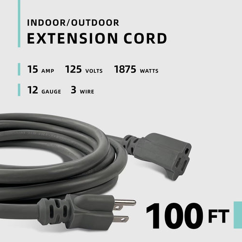 100ft Indoor Outdoor Extension Cord 12/3 SJTW Heavy Duty 15Amp 1875W Gray V9954