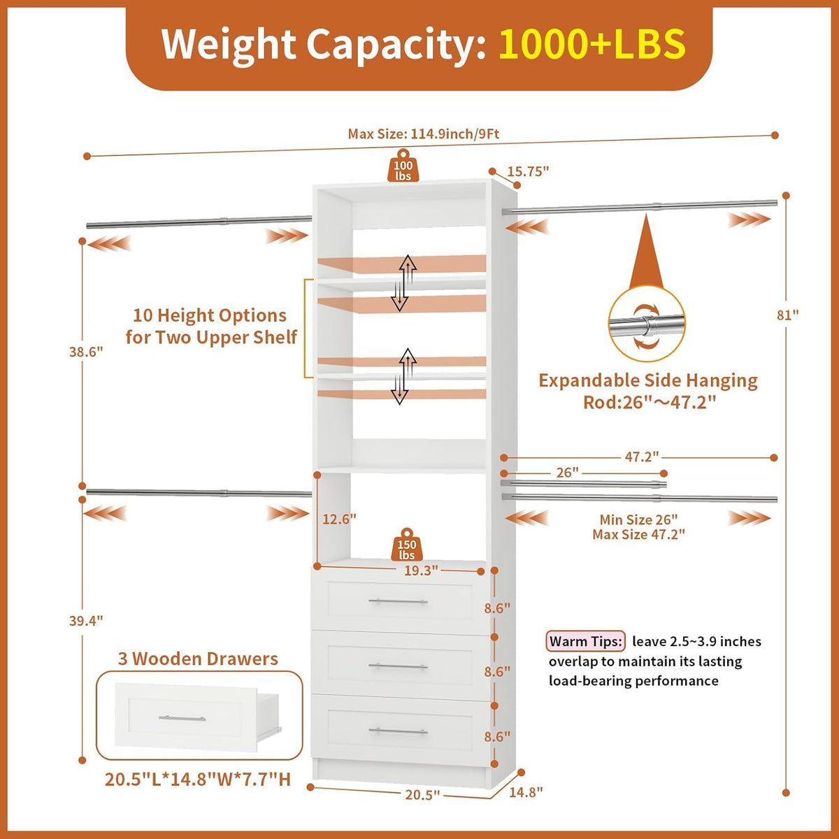 White Closet System with Drawers and Adjustable Shelves F90146