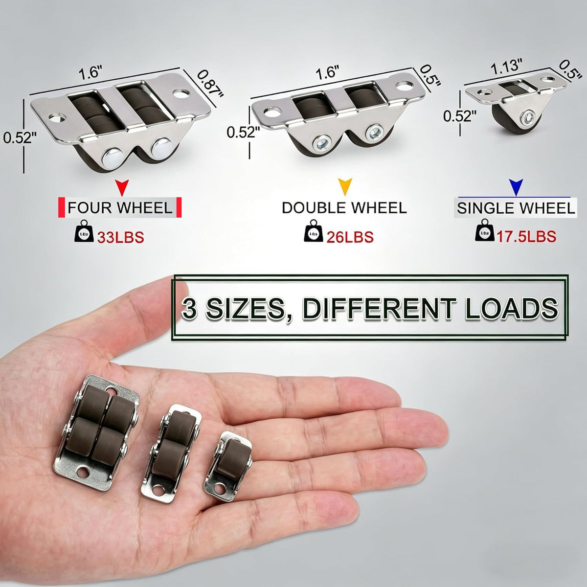 0.5" Dual-Wheel Mini Caster Wheels, 8-Pack L5748