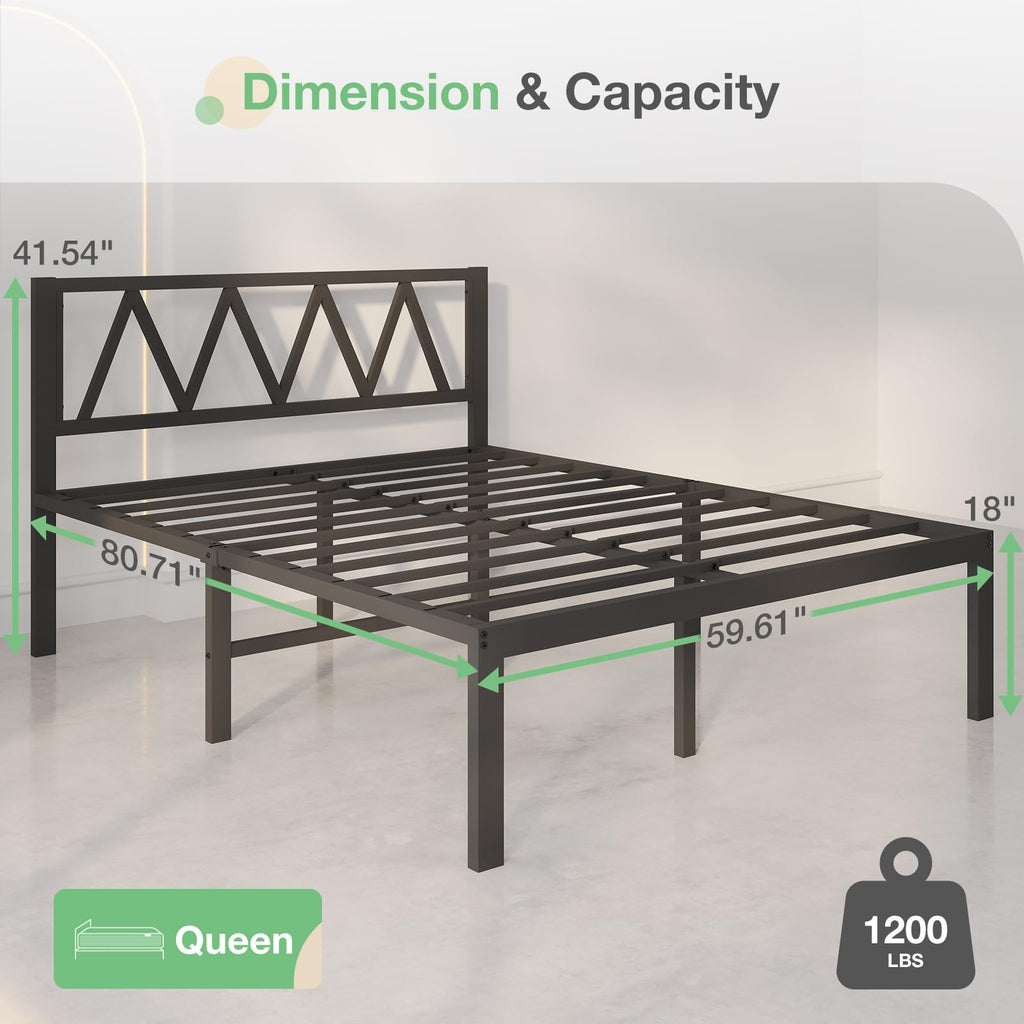 18 Inch Queen Size Metal Platform Bed Frame with Headboard R67553