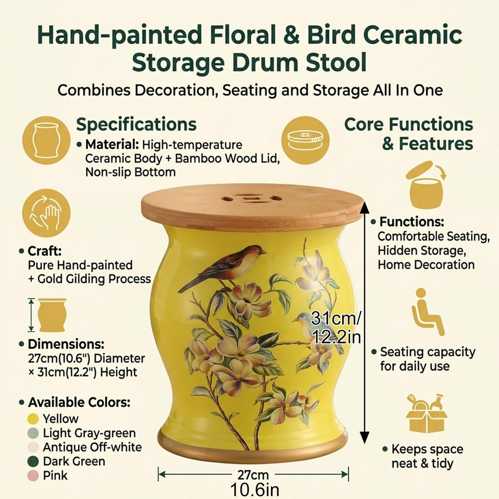Glazed Hand-Painted Ceramic Drum Stool K93679