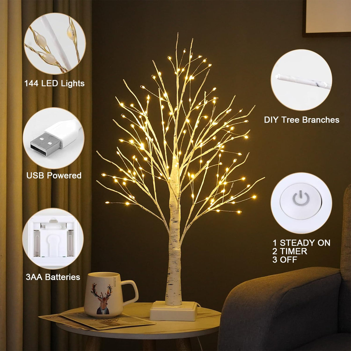24" 2FT White Birch Tree with 144 LED Lights W490881
