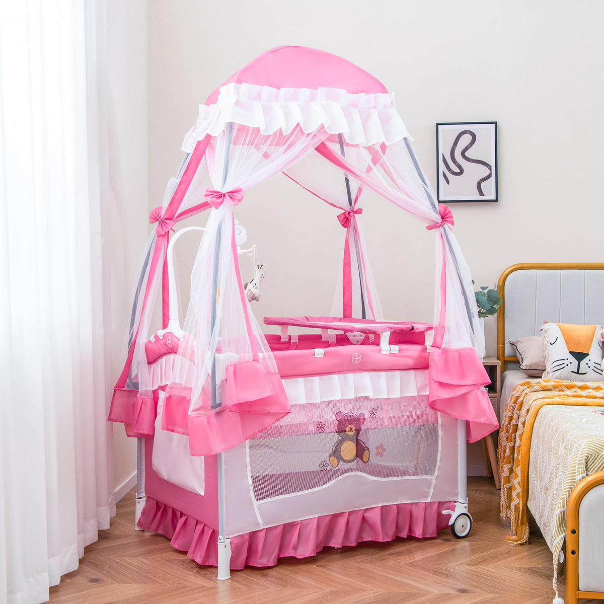 4-in-1 Pack and Play with Canopy, Changing Table and Bassinet, Hot Pink W740