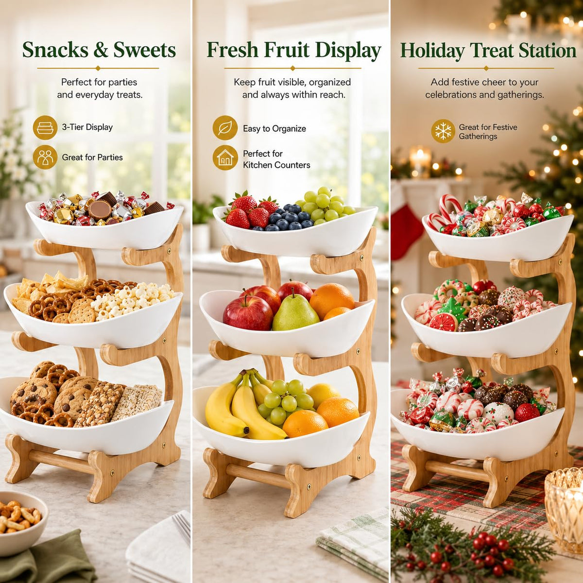 3-Tier Plastic Fruit Bowl Basket with Bamboo Stand H5777