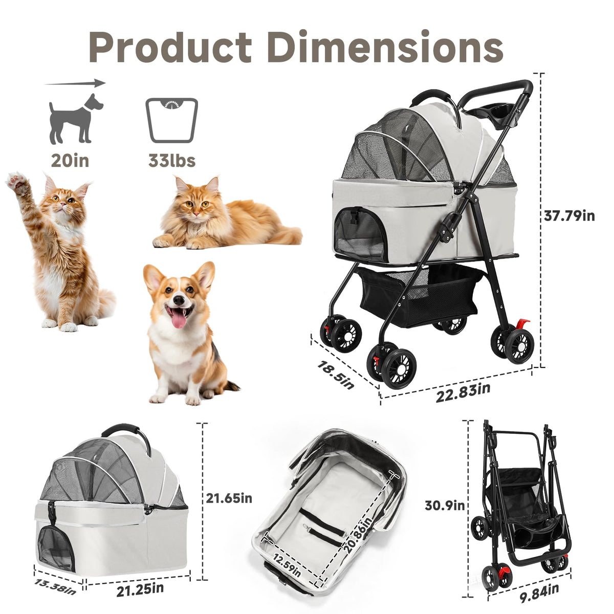 4 Wheels Foldable Pet Stroller with Detachable Carrier C9074