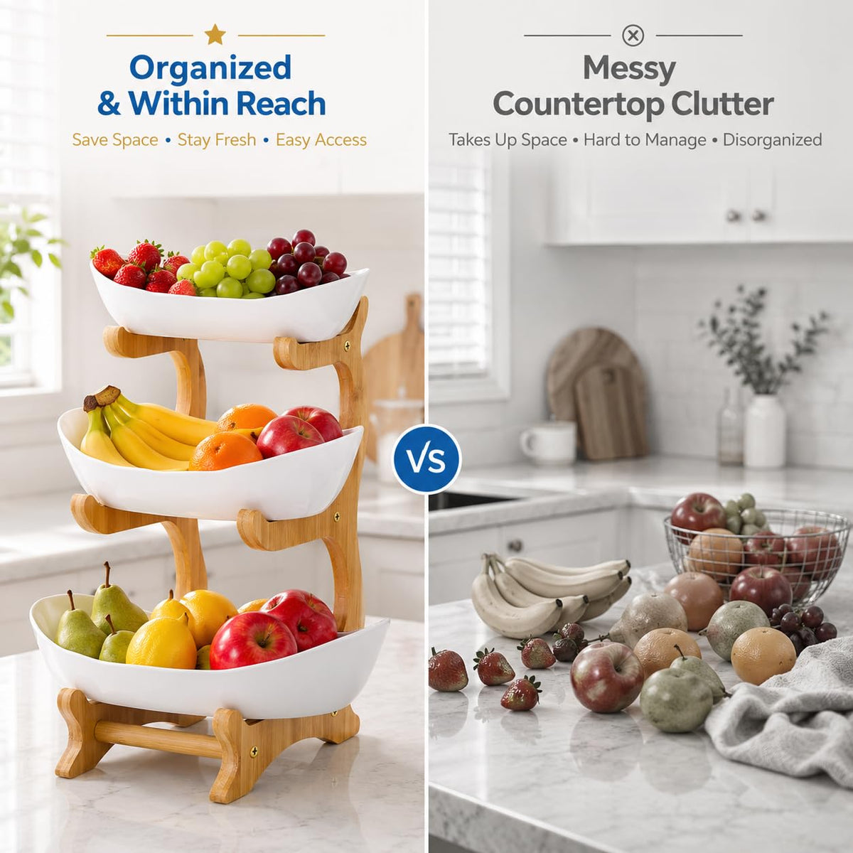 3-Tier Plastic Fruit Bowl Basket with Bamboo Stand H5777