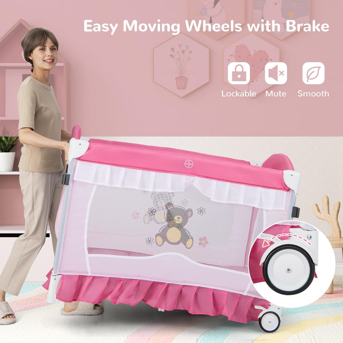 4-in-1 Pack and Play with Canopy, Changing Table and Bassinet, Hot Pink W740