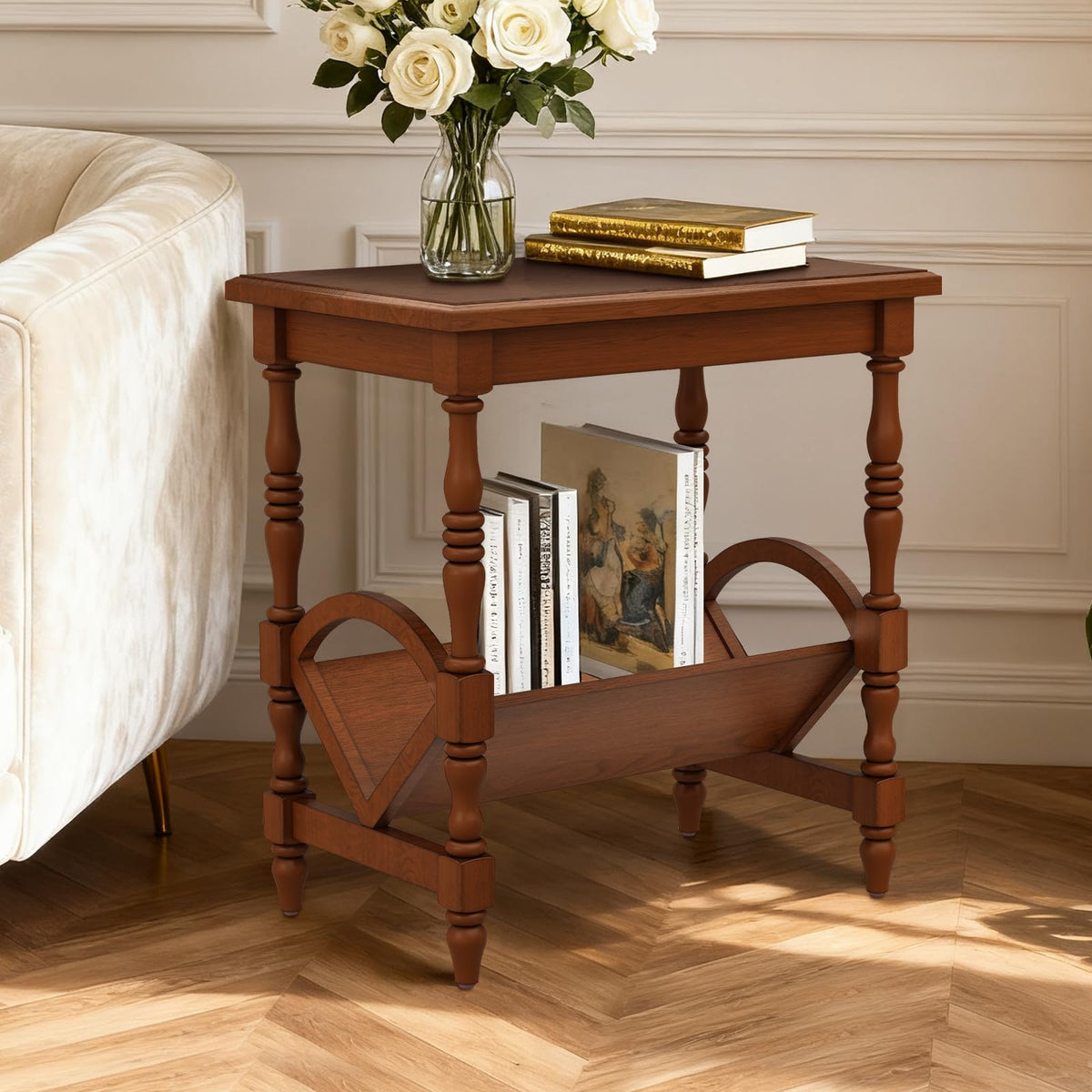 Wood End Table with Magazine Rack and Rubberwood Legs N932