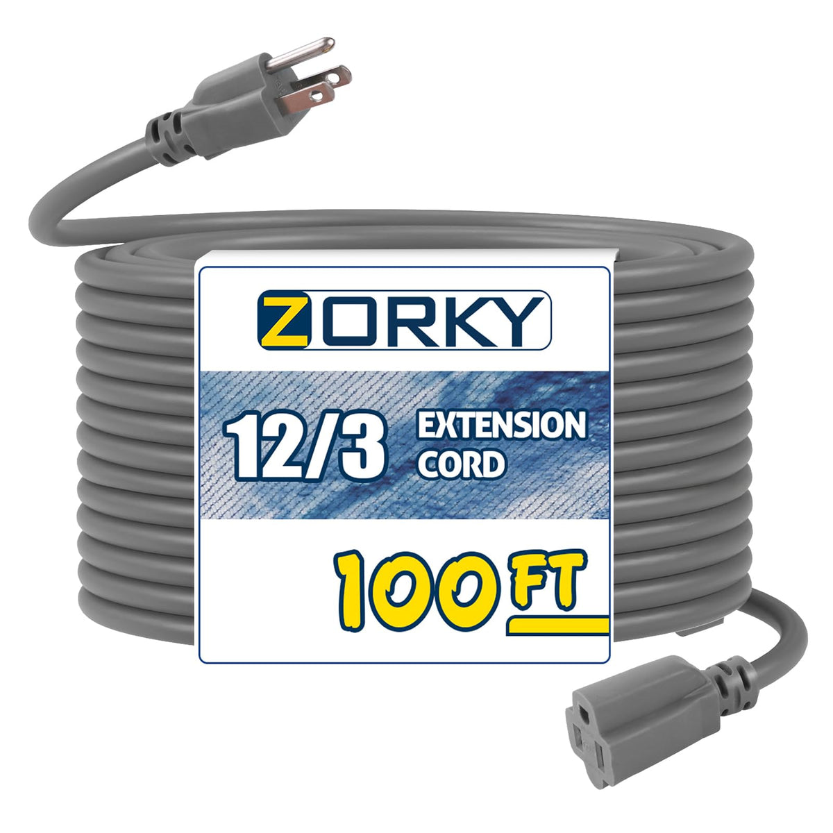 100ft Indoor Outdoor Extension Cord 12/3 SJTW Heavy Duty 15Amp 1875W Gray V9954