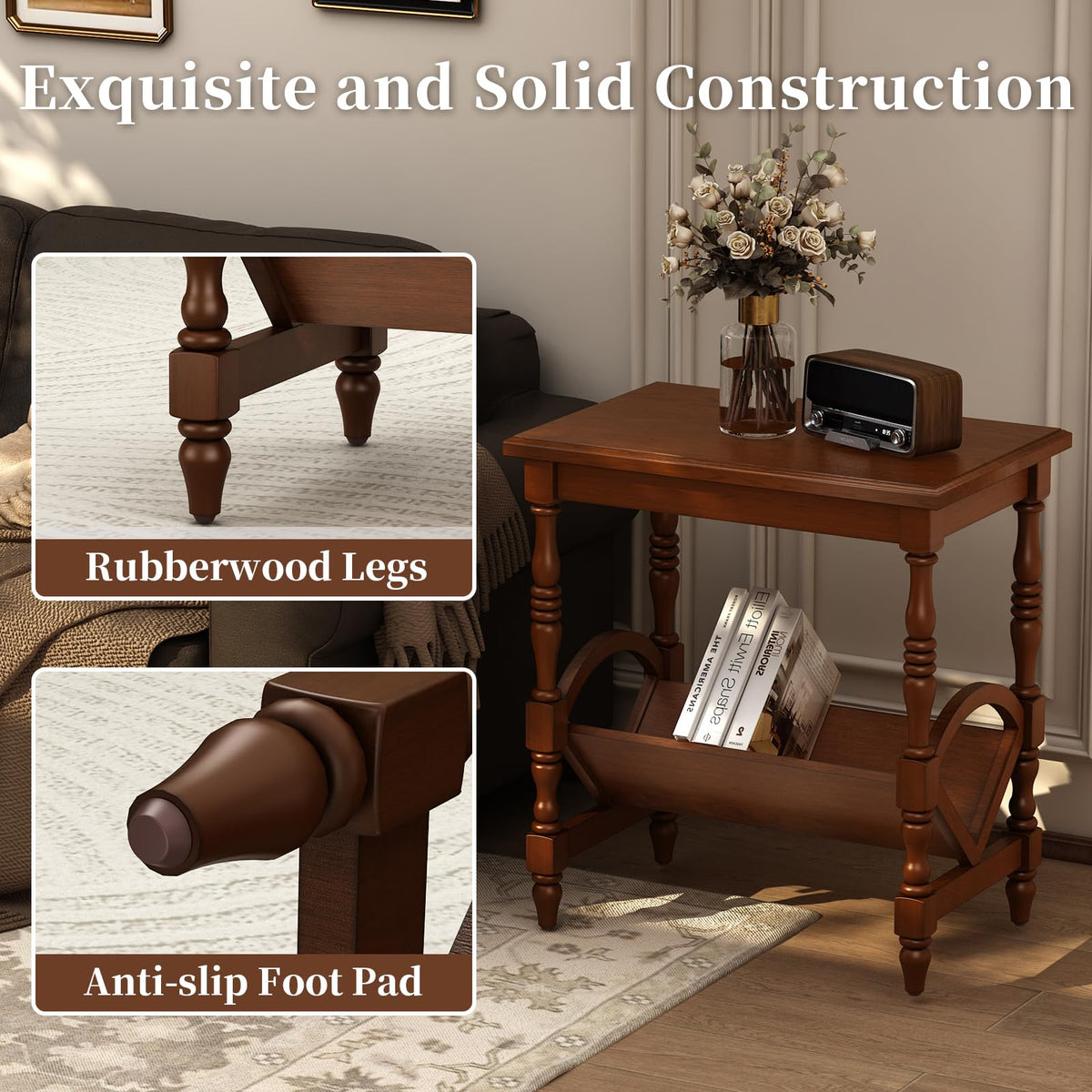 Wood End Table with Magazine Rack and Rubberwood Legs N932