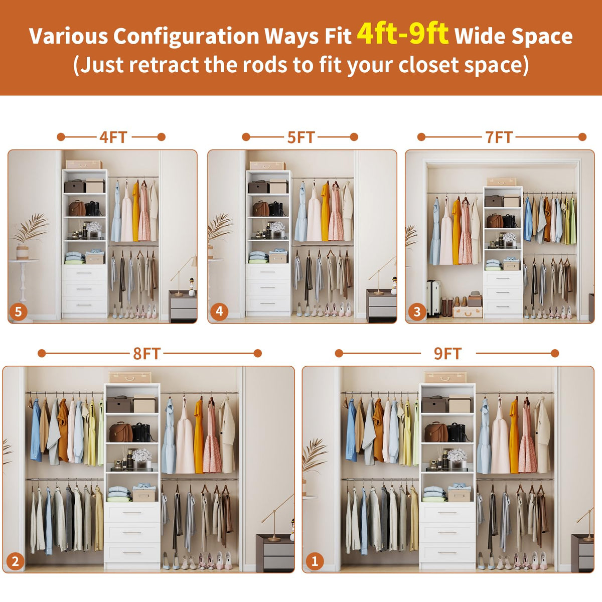 White Closet System with Drawers and Adjustable Shelves F90146