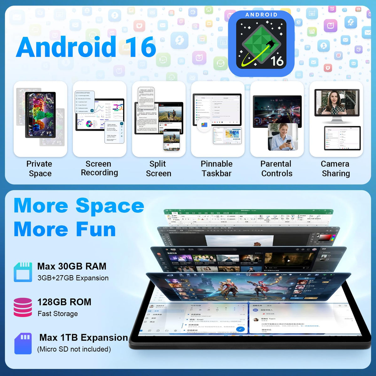 11 Inch 2 in 1 Android 16 Tablet with Keyboard Mouse Pen Case O8368