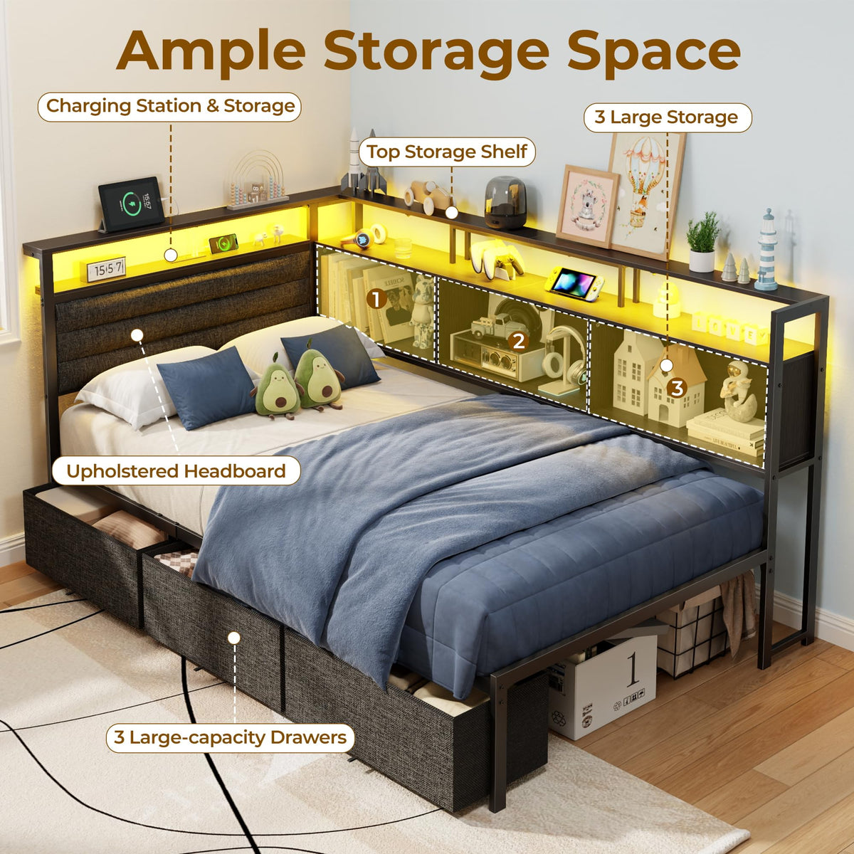 Twin Corner Bed Frame with Upholstered Headboard, 3 Storage Drawers M491460