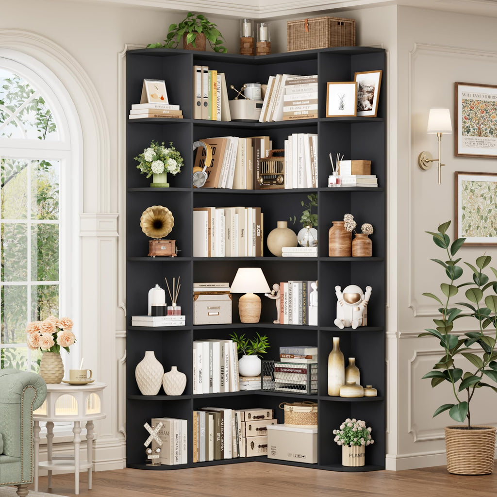 72" Tall 6-Tier Black Corner Bookshelf K964088