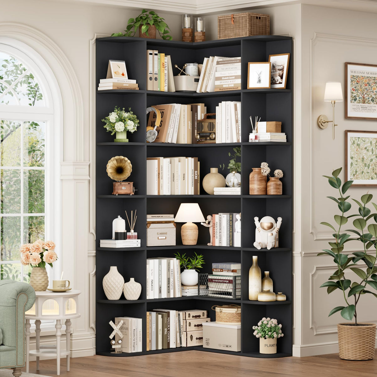 72" Tall 6-Tier Black Corner Bookshelf K964088