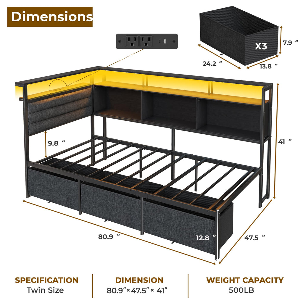 Twin Corner Bed Frame with Upholstered Headboard, 3 Storage Drawers M491460