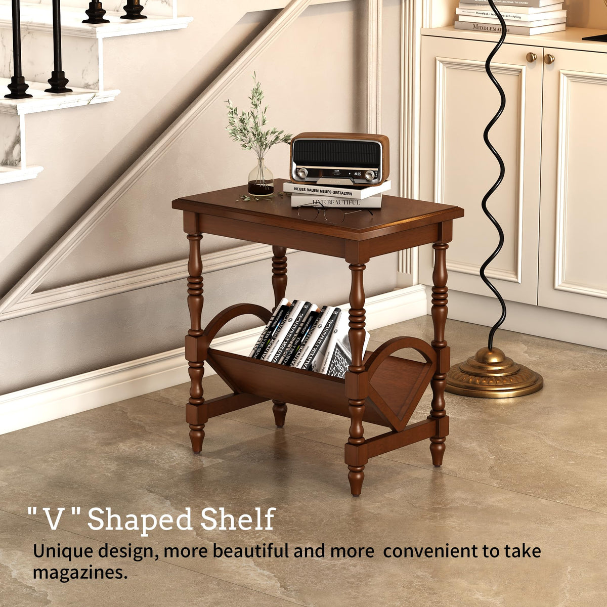 Wood End Table with Magazine Rack and Rubberwood Legs N932