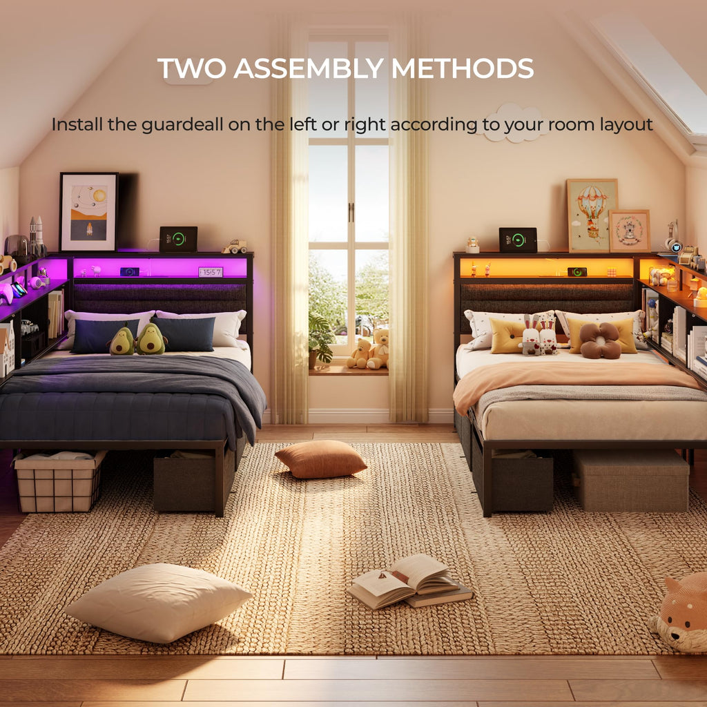 Twin Corner Bed Frame with Upholstered Headboard, 3 Storage Drawers M491460