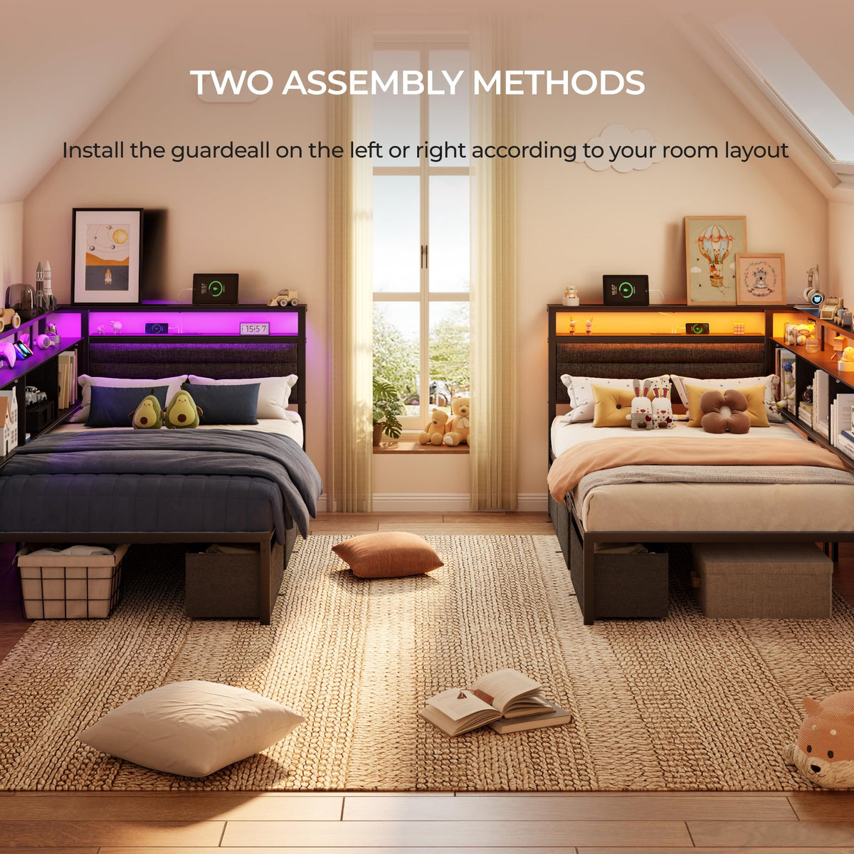 Twin Corner Bed Frame with Upholstered Headboard, 3 Storage Drawers M491460