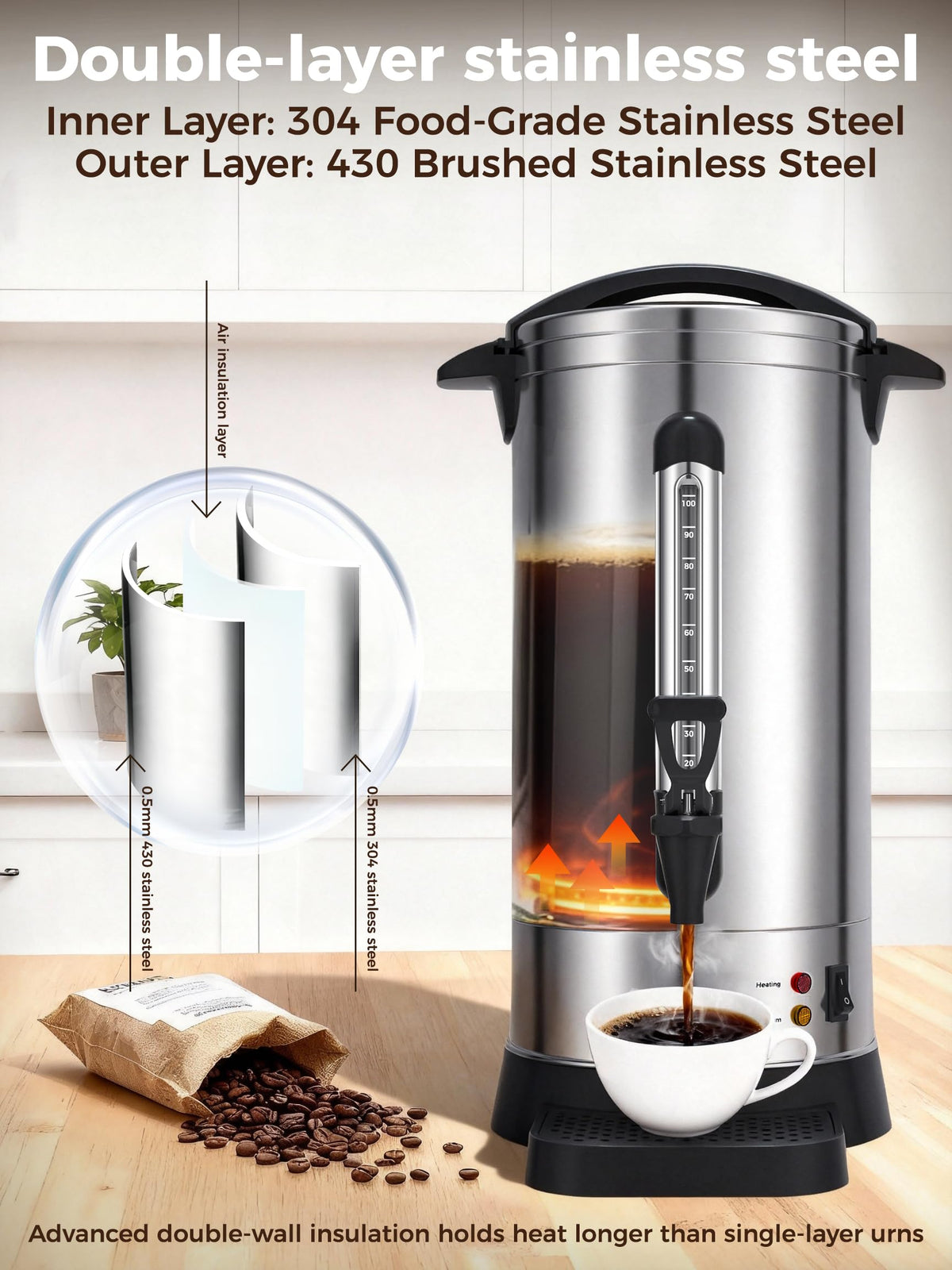 1500W 100 Cup Stainless Steel Commercial Coffee Urn V171