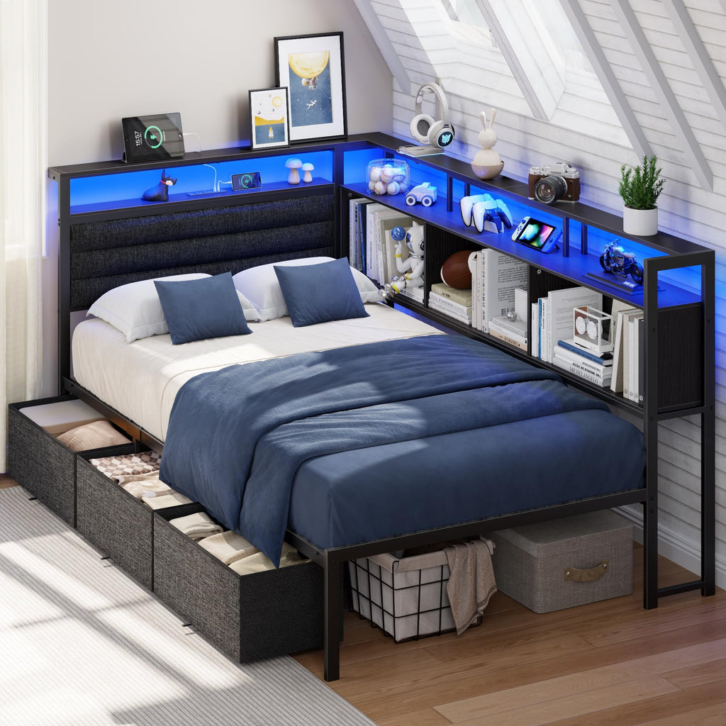 Twin Corner Bed Frame with Upholstered Headboard, 3 Storage Drawers M491460