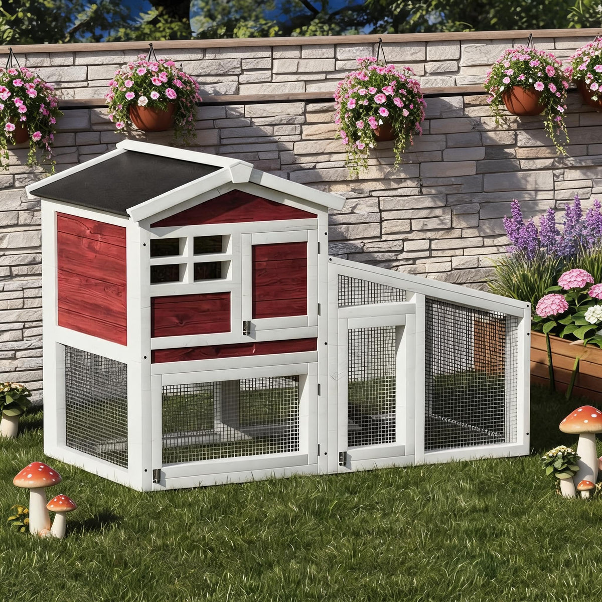 2-Tier Wooden Rabbit Hutch with Run I3418