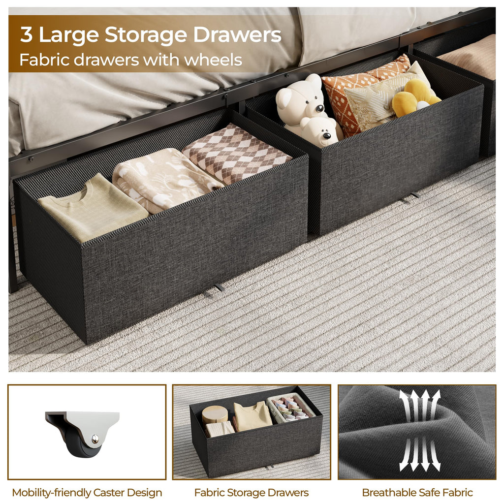 Twin Corner Bed Frame with Upholstered Headboard, 3 Storage Drawers M491460