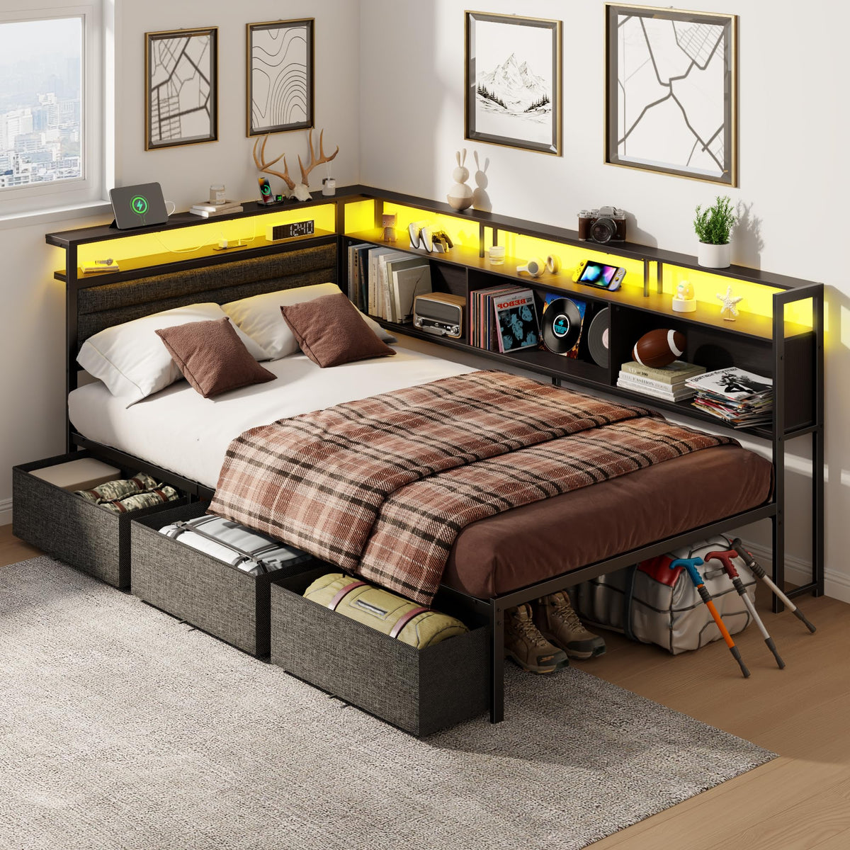 Twin Corner Bed Frame with Upholstered Headboard, 3 Storage Drawers M491460